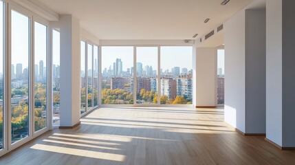 Fototapeta premium Modern spacious interior with empty mock up place on wall, wooden flooring, panoramic windows with city view and daylight. 3D Rendering.