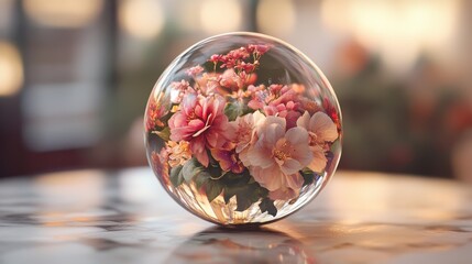 a glass ball with flowers inside of it on a table. generative ai