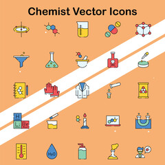 Set of chemist vector icons depicting laboratory equipment and chemical experiments ideal for science and research themes.