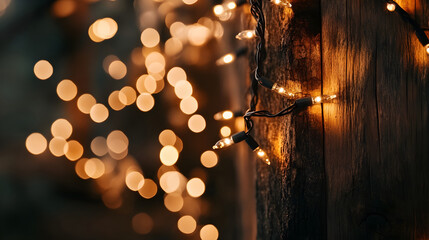Twinkling fairy lights glowing softly against a backdrop of textured dark wood creating a rustic holiday feel