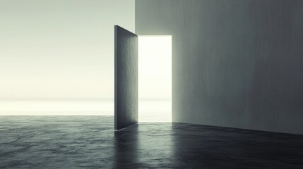 Fototapeta premium A simple image of an open door leading to a vast, empty space, symbolizing the freedom of letting go and embracing the unknown