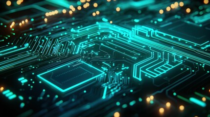 An abstract view of a digital circuit board with a glowing blue pattern. The design reflects modern technology and geometric elements.