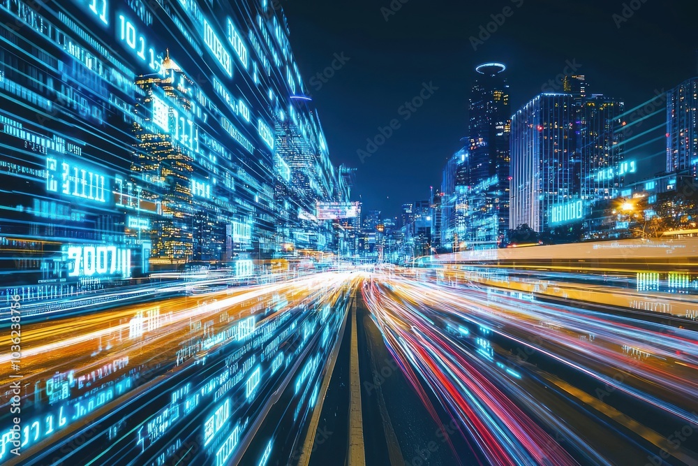 Poster cityscape with digital data overlay and light trails