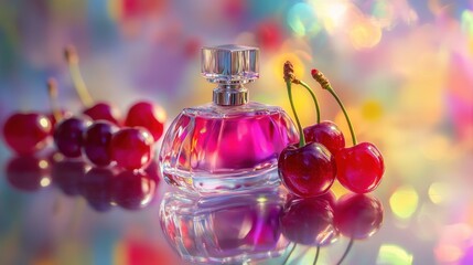 Cherries rest on a crystal perfume bottle reflected in vibrant colors
