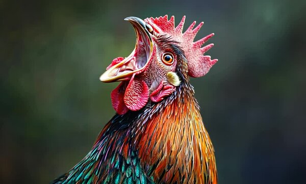 A vibrant rooster with an open beak, showcasing its colorful feathers and distinct comb.