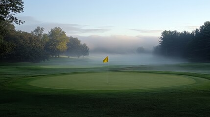 Obraz premium A tranquil golf course bathed in mist, the vibrant yellow flag piercing through the fog, surrounded by endless rolling greens and soft light