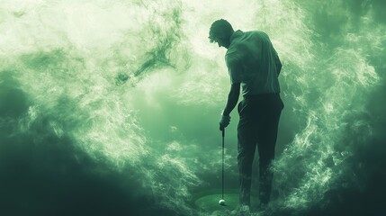 Fototapeta premium Dynamic golfer's form, double exposure with close-up golf ball at hole's edge, green and light blending to create a serene mood, Golf putting motion, focus balance serenity
