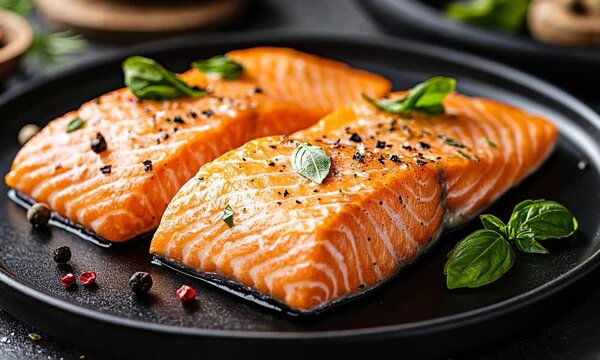 Fresh salmon fillets garnished with herbs on a dark plate, ready for cooking or serving.