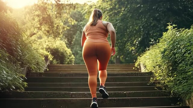 An overweight woman going up the stairs in the park.