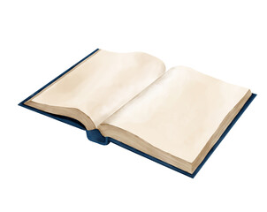 An open book with yellowed pages lies. Watercolor illustration in digital style. An old book in a blue cover, isolated on a white background. For a book lover, on school and student themes.