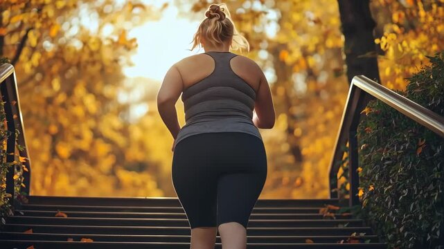An overweight woman going up the stairs in the park.