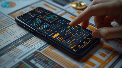 A smartphone displaying financial data and charts on a desk with a cryptocurrency coin.