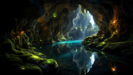 Natural Cave Immersed in Radiant Green Lights