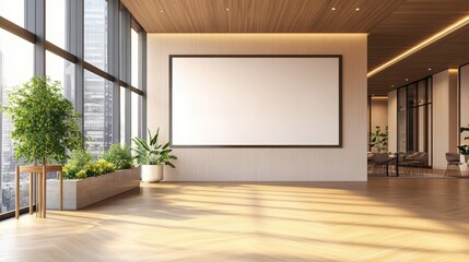 Modern spacious interior with empty white mock up banner on wall, wooden flooring, panoramic windows with city view and daylight. 3D Rendering.