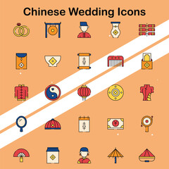 Collection of Chinese wedding icons illustrating various cultural elements and symbols perfect for wedding and cultural themes.