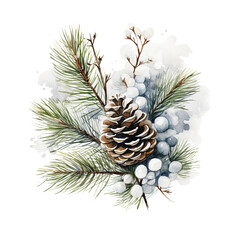 Fototapeta premium watercolor painting of a tender christmas green pine branch with pine cones. christmas winter clipart. vintage holiday floral watercolor painting.