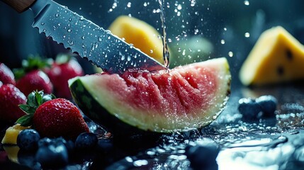 Watermelon Slice Cut with Knife and Water Splash