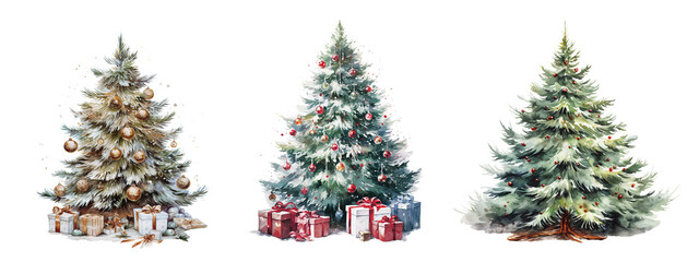 Christmas tree traditionally decorated with toy balls, gift boxes and covered in snow isolated watercolor clipart. new year winter clipart. vintage holiday watercolour illustration. pine tree fir tree