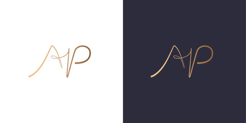 Letter A and P logo monogram cursive , minimal style identity initial logo mark. Golden gradient vector emblem logotype for business cards initials.