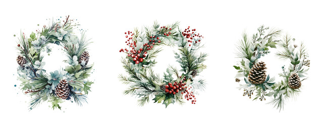 watercolor painting of a tender christmas green pine wreaths with pine cones and red holly berries. christmas winter clipart. vintage holiday floral watercolor painting.