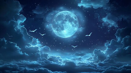 Moon In Spooky Night - Halloween Background With Clouds And Bats
