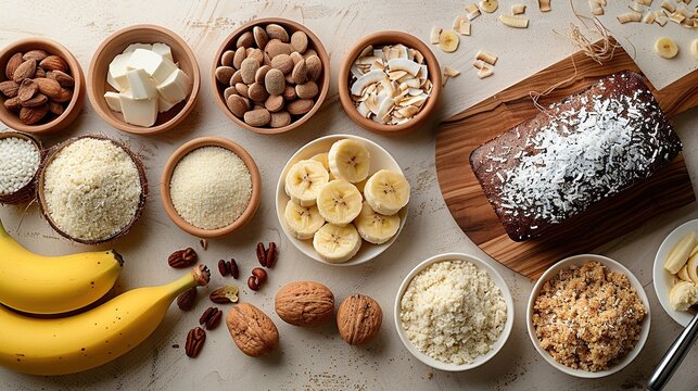 A variety of ingredients for a healthy dessert, featuring fruits, nuts, and coconut.