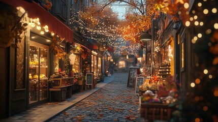 Naklejka premium A charming shopping street adorned with autumn decorations and illuminated store windows, creating a cozy, festive atmosphere