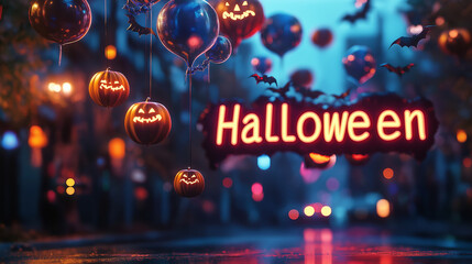 A bold "Halloween" inscription in a gothic-style font, with themed balloons featuring bats, ghosts, and pumpkins floating above, adding a playful yet eerie vibe