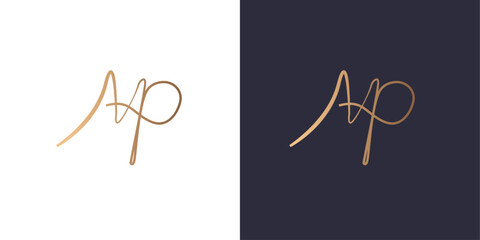 Letter A and P logo monogram cursive , minimal style identity initial logo mark. Golden gradient vector emblem logotype for business cards initials.