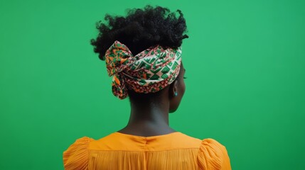 A person with a unique hairstyle adorned in a patterned scarf symbolizing unity.