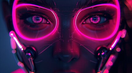 Close-up Portrait of a Woman with Neon Pink Goggles and Digital Interface