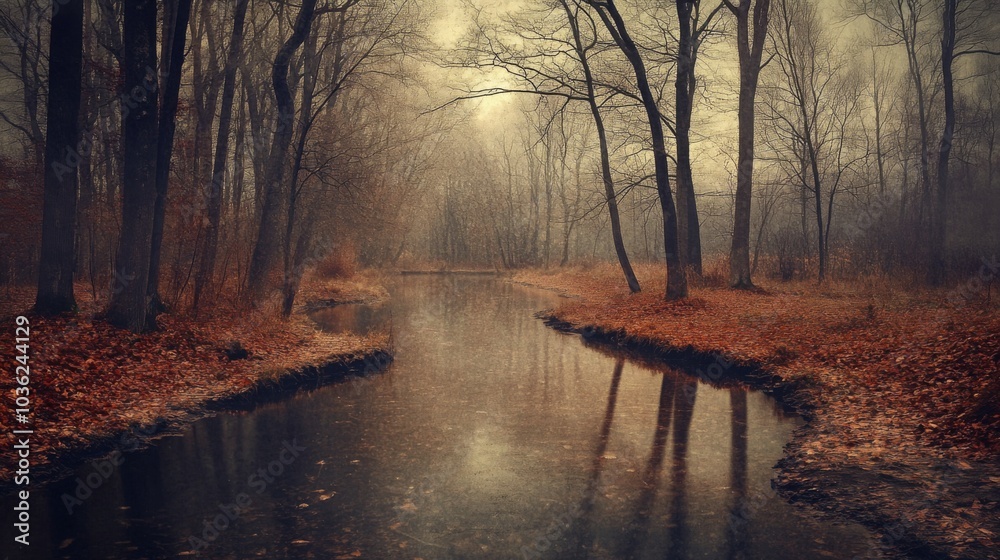 Poster a tranquil river winds through a forest in autumn, with bare trees reflecting in the still water. th