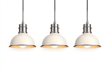 Obraz premium Three modern pendant lights with metallic accents on a white isolate background.