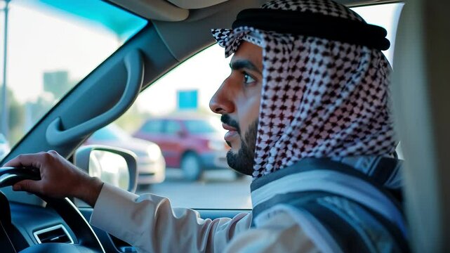 Arab Man driving car side view of face and hand on steering wheel.