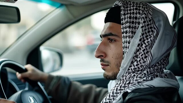 Arab Man driving car side view of face and hand on steering wheel.