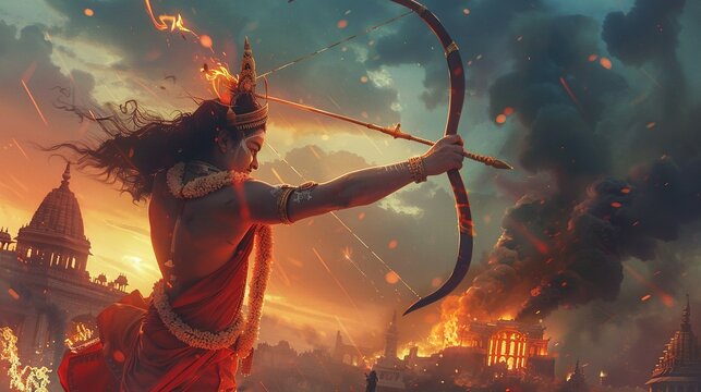 A Warrior with a Bow and Arrow Stands Against a Burning City