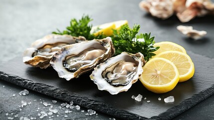 Fresh Oysters with Lemon and Parsley on a Slate Plate