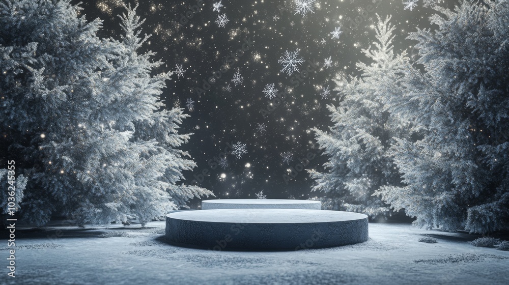 Poster a serene winter setting features a circular, snow-covered platform surrounded by frosted trees. gent