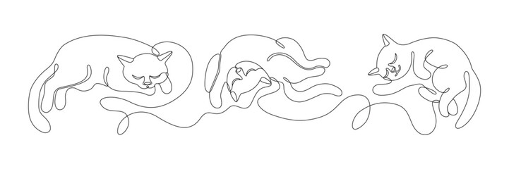 Sleeping cats drawn with one continuous line in minimalism, flat design. Editable vector outline.
