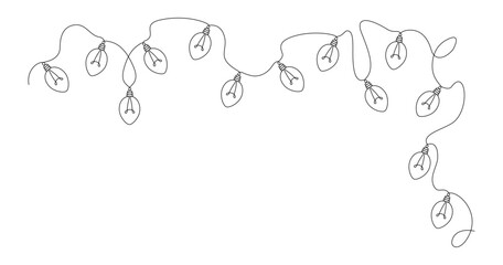 Christmas garland with bulbs in one continuous line in simple linear style. Minimalistic vector editable outline.