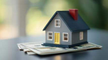 small model house sits atop stack of dollar bills, symbolizing concept of real estate investment and financial growth. scene conveys sense of opportunity and prosperity.