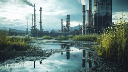 Obraz premium Puddle of water is reflecting an industrial landscape