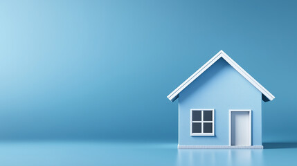 small blue house model stands against soft blue background, symbolizing home and comfort. This minimalist design evokes feelings of tranquility and simplicity.