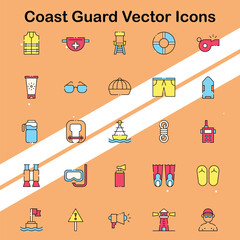 Collection of coast guard icons depicting maritime safety and rescue services ideal for security and sea themes.
