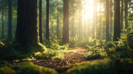 Obraz premium Sunbeams illuminating moss covered forest floor