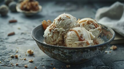 Vanilla and Caramel Ice Cream in Vintage Bowl with Crushed Nuts and Caramel Shards: Gourmet Dessert on Grey Stone Background