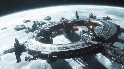 Fototapeta premium A ring-like space station in orbit, bustling with ships docking at various ports, distant planet visible in the background, sleek and futuristic space technology