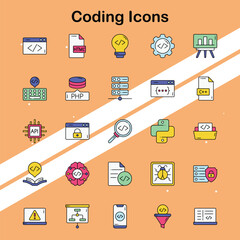 Set of coding icons representing programming and development suitable for technology and software themes.