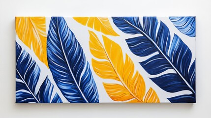 Vibrant blue and yellow leaves in radial pattern on bright white canvas, bold color pops, clean aesthetic, leaf patterns, contemporary wall art