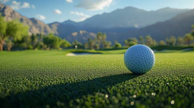 Golf ball suspended mid-air in a perfect tee shot, sunlight glistening on the green course, mountainous backdrop, golf action, focus and intensity